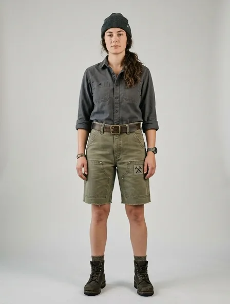 Workwear shorts on a model: utilitarian, durable, heritage-inspired, rugged