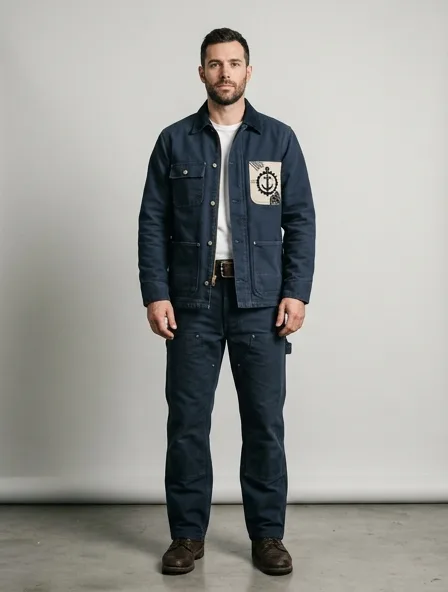 Workwear suit on a model: utilitarian, durable, heritage-inspired, rugged