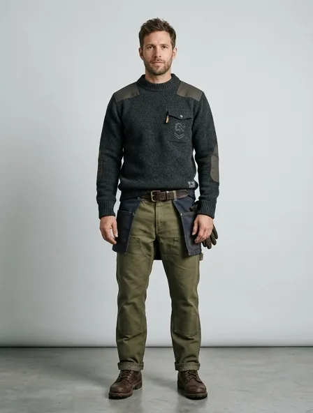 Workwear sweater on a model: utilitarian, durable, heritage-inspired, rugged