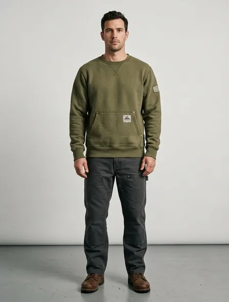 Workwear sweatshirt on a model: utilitarian, durable, heritage-inspired, rugged