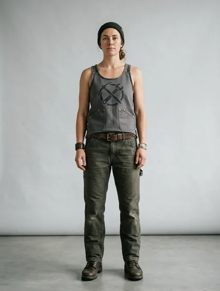 Workwear tank top on a model: utilitarian, durable, heritage-inspired, rugged