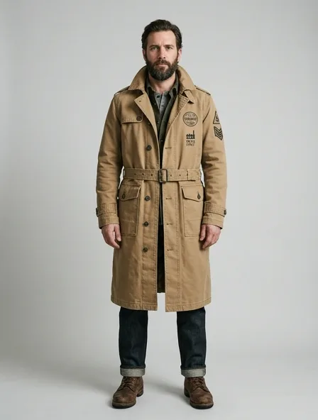 Workwear trench coat on a model: utilitarian, durable, heritage-inspired, rugged