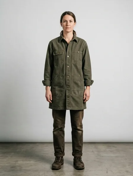 Workwear tunic on a model: utilitarian, durable, heritage-inspired, rugged