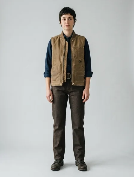 Workwear vest on a model: utilitarian, durable, heritage-inspired, rugged