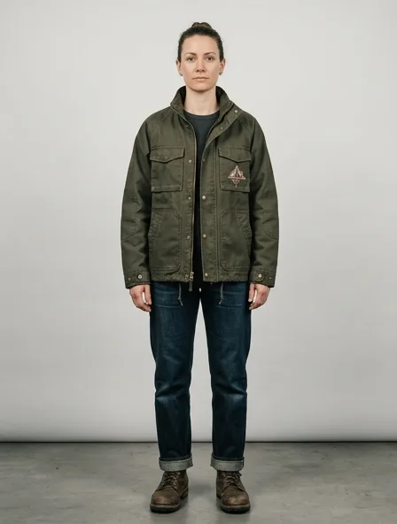 Workwear windbreaker on a model: utilitarian, durable, heritage-inspired, rugged