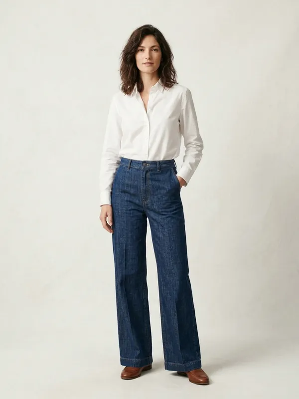 The same shirt and jeans worn by an AI model in a light studio