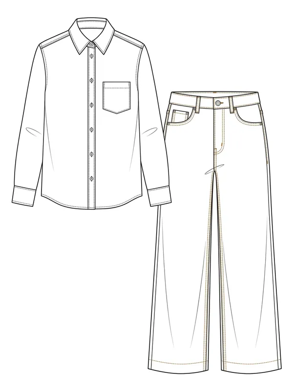 Un dessin à plat de la même chemise et du même jean, trait noir sur fond blanc